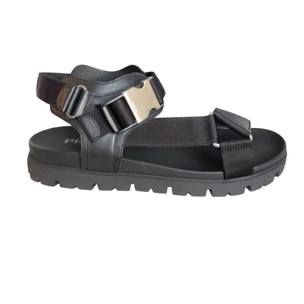 Prada‎ Nastro Black Canvas and Leather Tape Men's Sandal, 10.5 - - 2x3055
